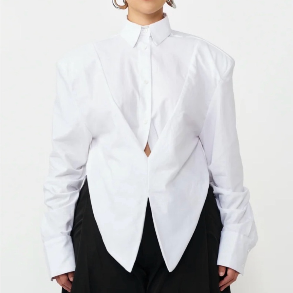 White Structured V-Neck Cotton Blouse